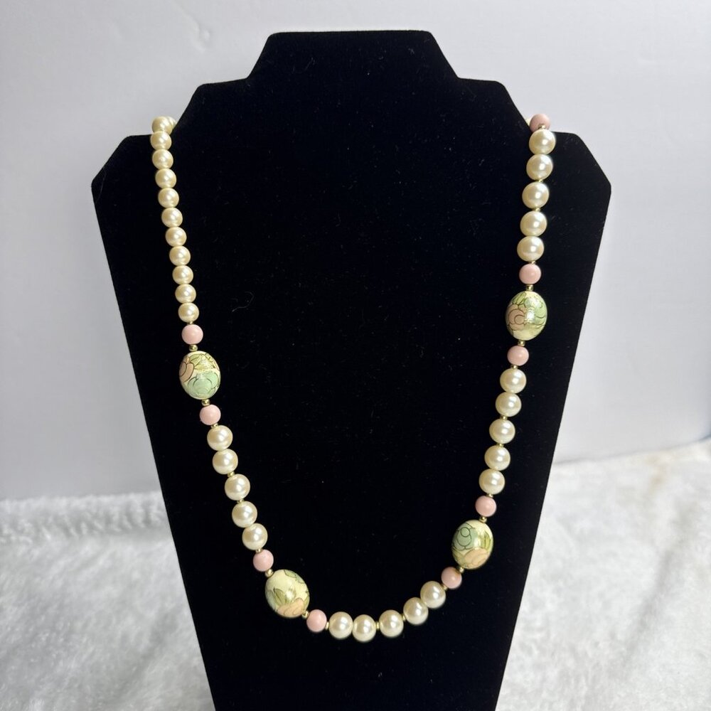 VTG Japanese Cloisonné Style Bead  Faux Pearl Necklace Hand Painted 29” Pastel